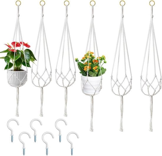 Porta Pianta con Tasselli e 6 Ganci 105cm&120cm Porta Pianta Artigianale da Appendere Cesto di Rete per Piante da Collocare all'Interno all'Esterno della Casa per la Decorazione della Casa