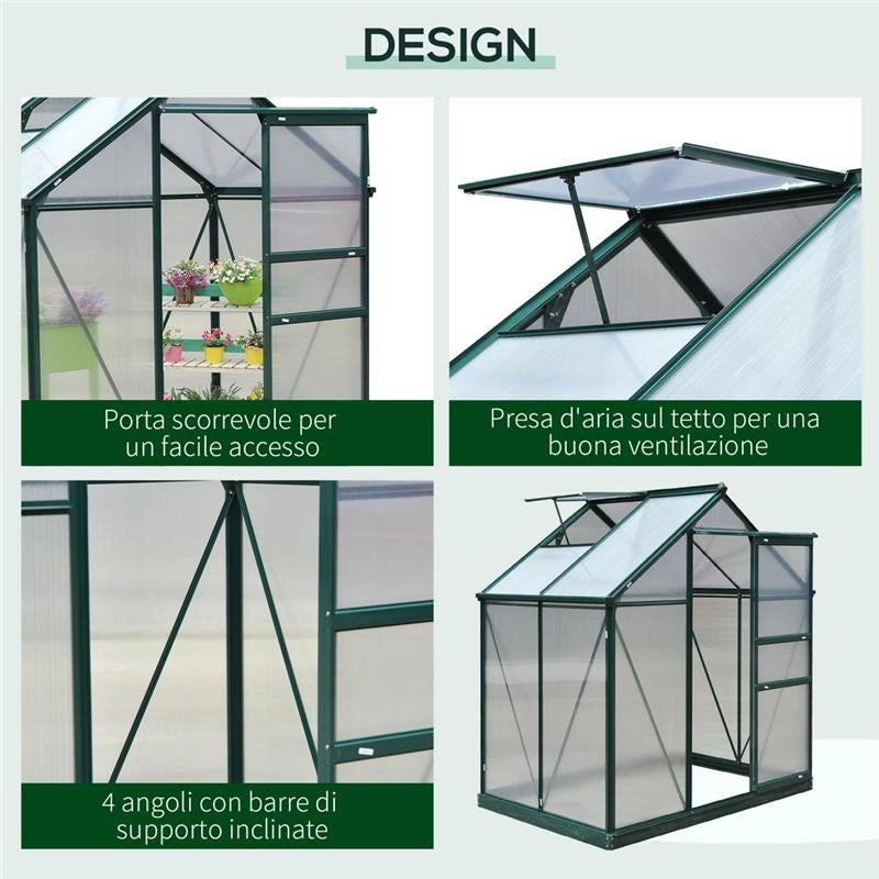 SERRA DA GIARDINO IN POLICARBONATO ANTI UV 190X132X201CM, CON STRUTTURA IN ALLUMINIO, FINESTRA E PORTA SCORREVOLE