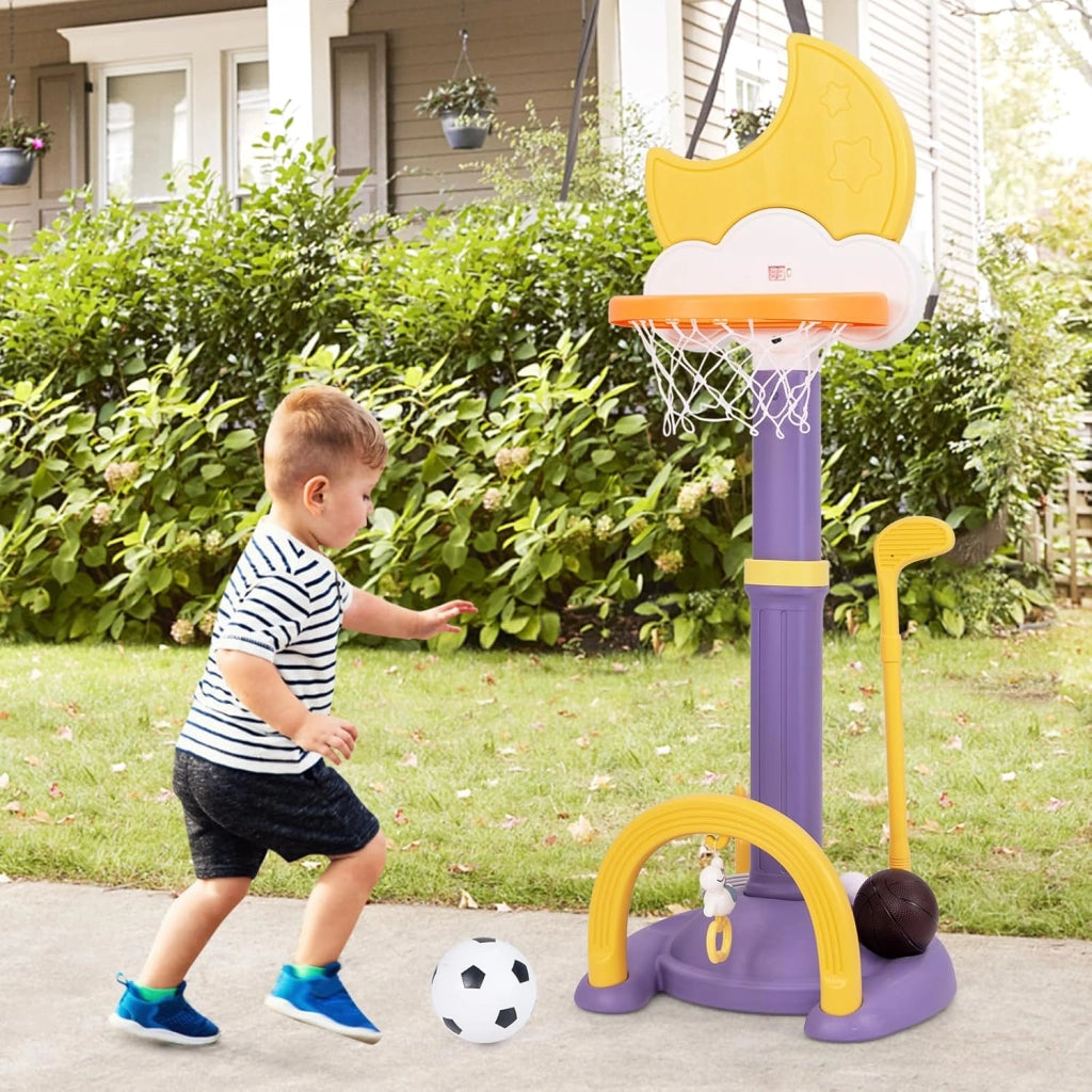 4 in 1 Canestro da Basket per Bambini, Centro di Attività Sportiva Regolabile con Basket Calcio Golf e Gioco del Lancio dell'Anello, per Interno ed Esterno, 3 Anni+ (Giallo)