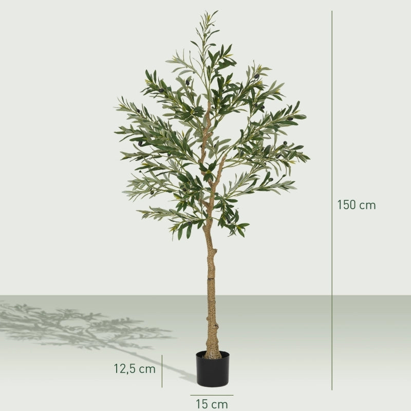 Pianta artificiale, ulivo artificiale, 150 cm, 720 foglie, 40 olive, vaso robusto, pianta decorativa, verde