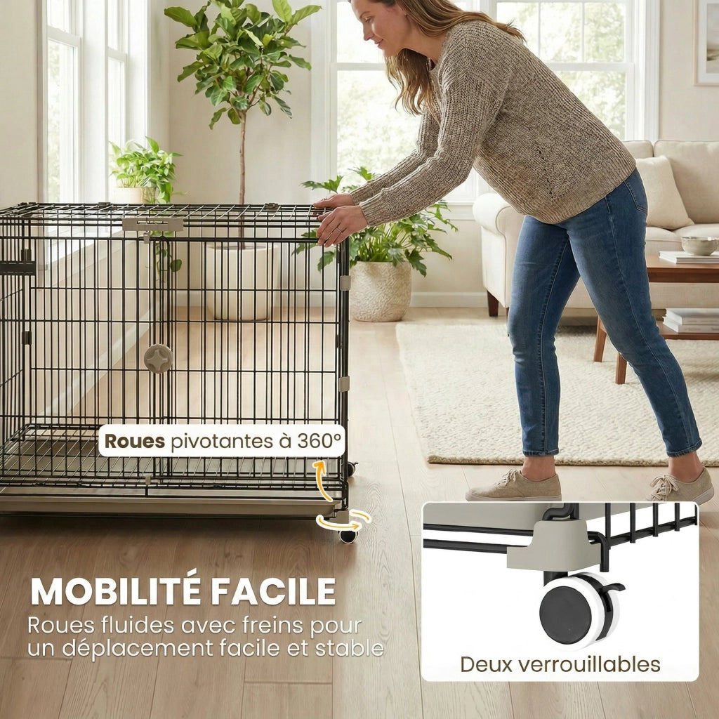 Cage per Cani con Vassoio Amovibile e Ruote ¨C zephmum ¨C Nero 75.5x46x64.5cm
