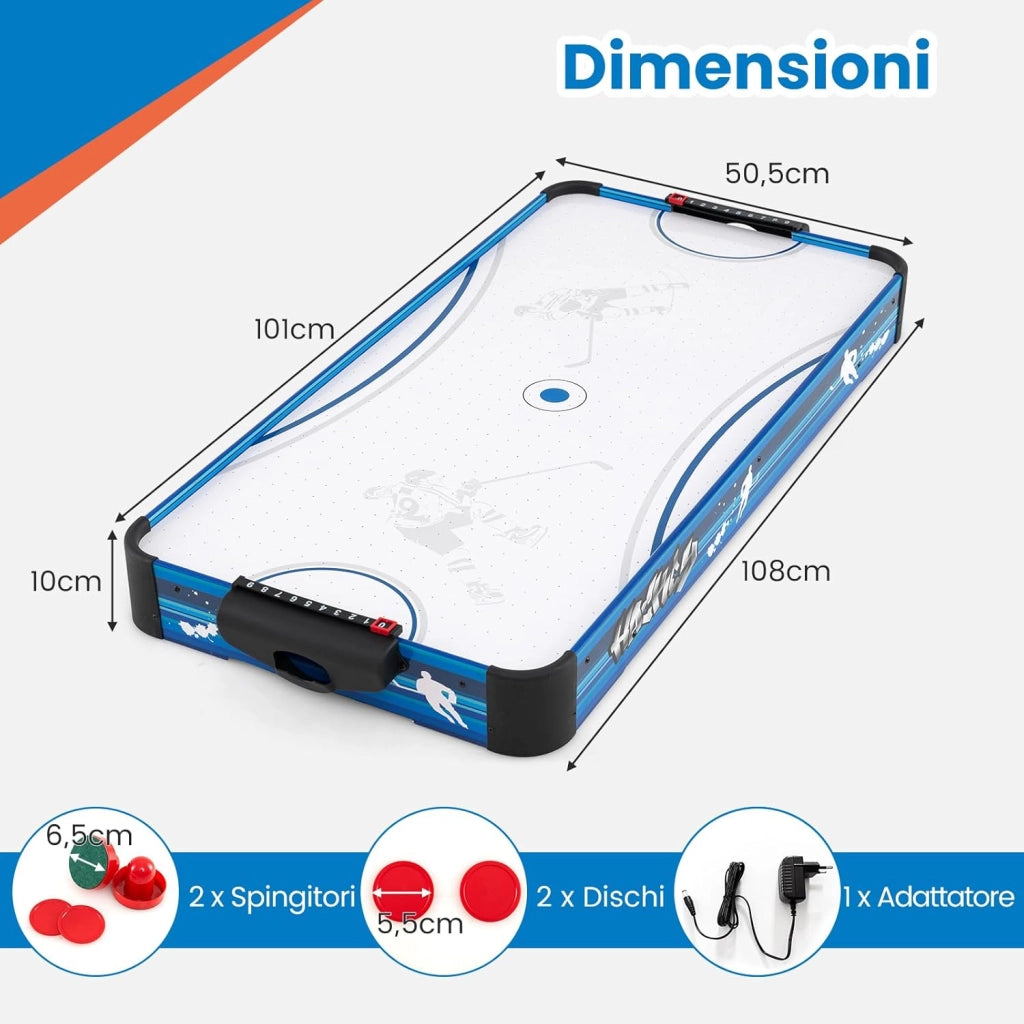 Tavolo da Air Hockey, con 12V Motore Elettrico Potente, 2 Dischi e 2 Spintori, Air Hockey da Tavolo per Sala Giochi Casa Ufficio, 108x50,5x10 cm