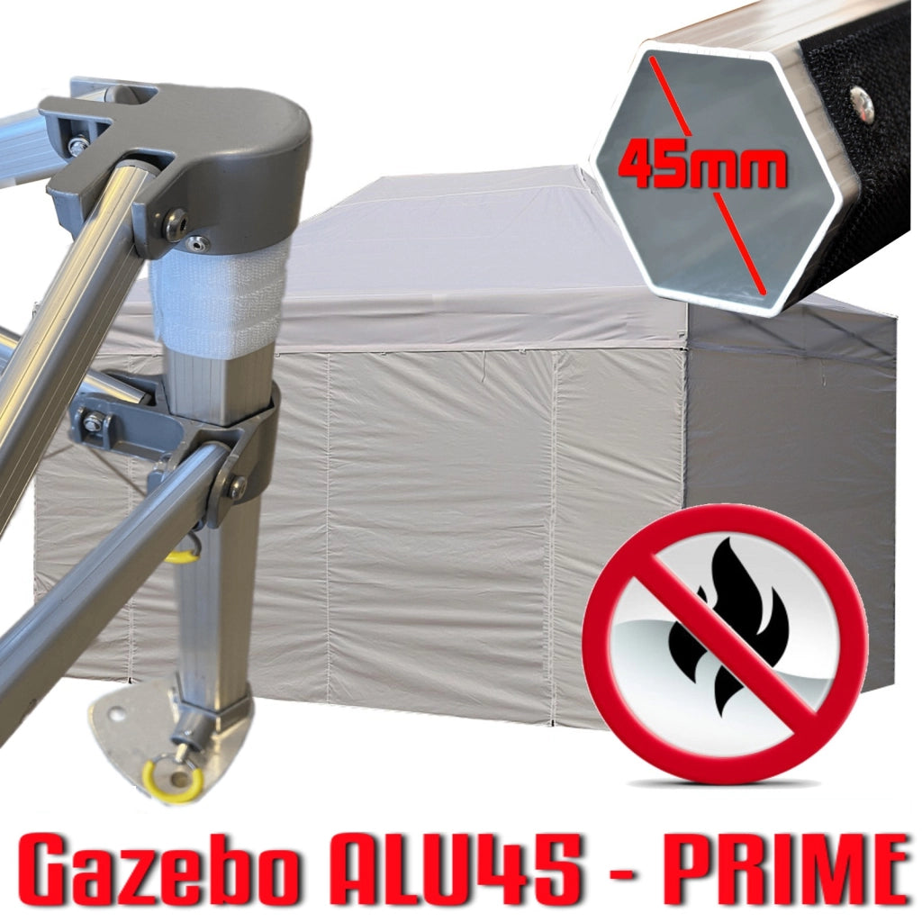 Gazebo 3x4,5 m bianco certificato IGNIFUGO pieghevole alluminio piantone esagonale 45mm portatile estendibile richiudibile estensibile acciaio con laterali per fiere eventi stand chiosco tenda tendone mercato mercatino