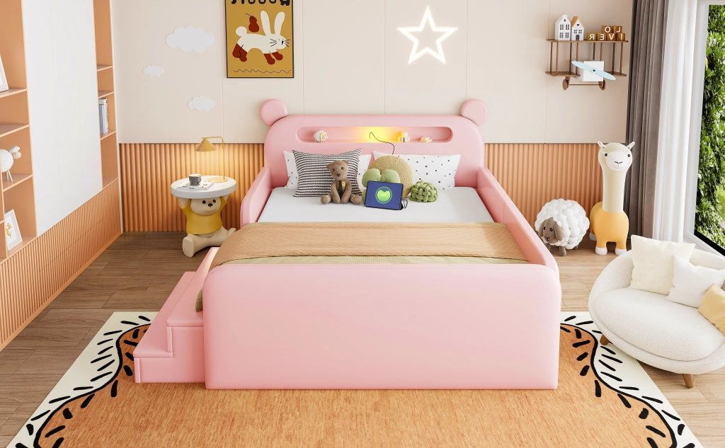 Letto imbottito per bambini con testiera a orso e USB, 140x200 cm, rosa