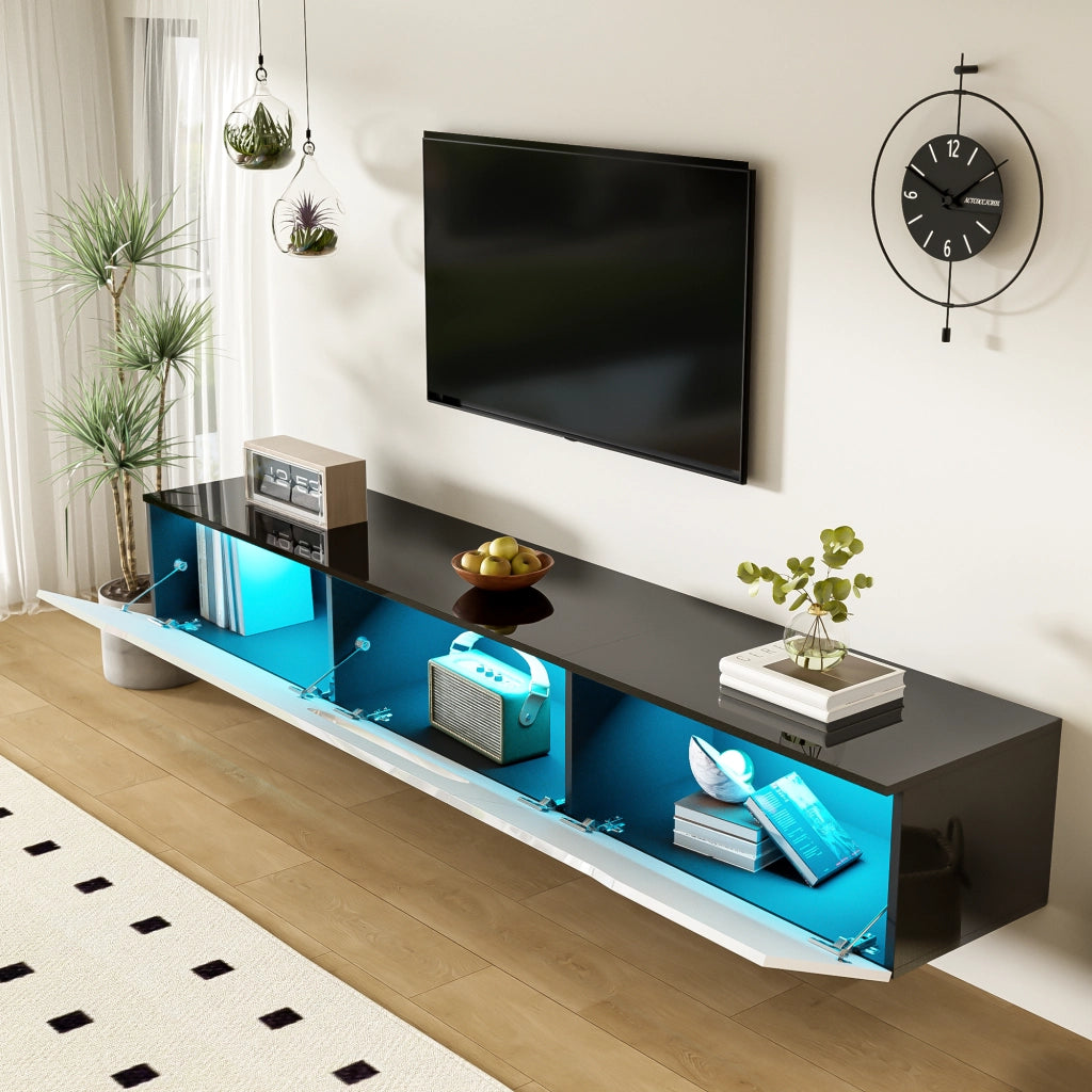 OKWISH Mobile TV con 3 Ante e LED, Sospeso o da Pavimento, Finitura Lucida e Opaca, per Soggiorno, 180 x 35 x 30 cm