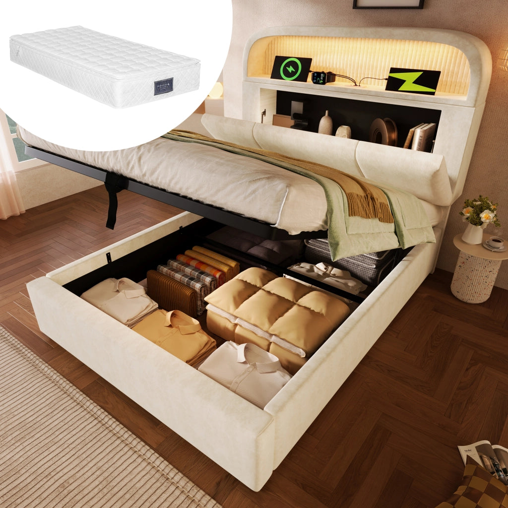 LETTO contenitore 90x200 cm in velluto beige con materasso incluso, LED e USB/Type-C
