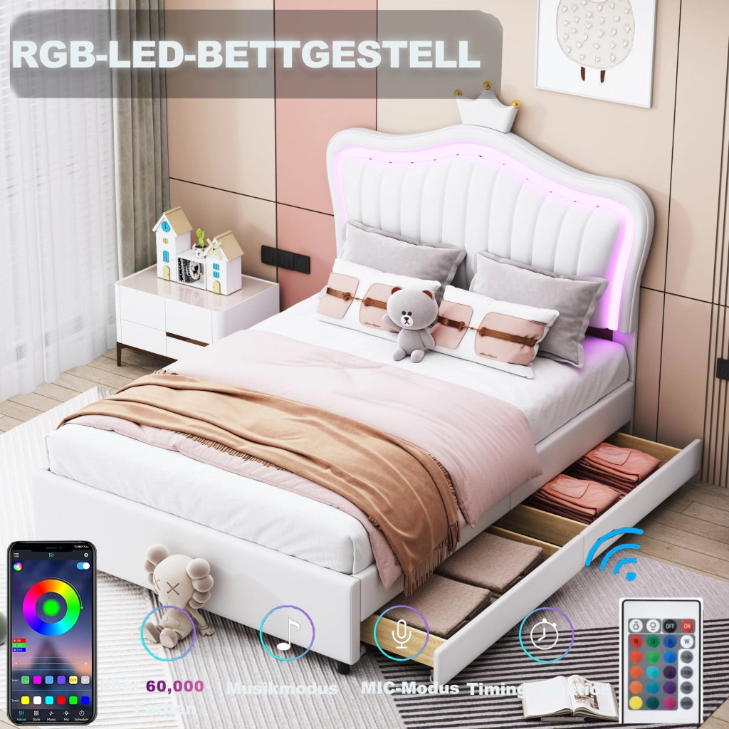 OKWISH Letto Bambino 90×200 cm, Letto Singolo con 2 Cassetti, LED Regolabile e Testiera Regolabile, senza Materasso, PU Bianco