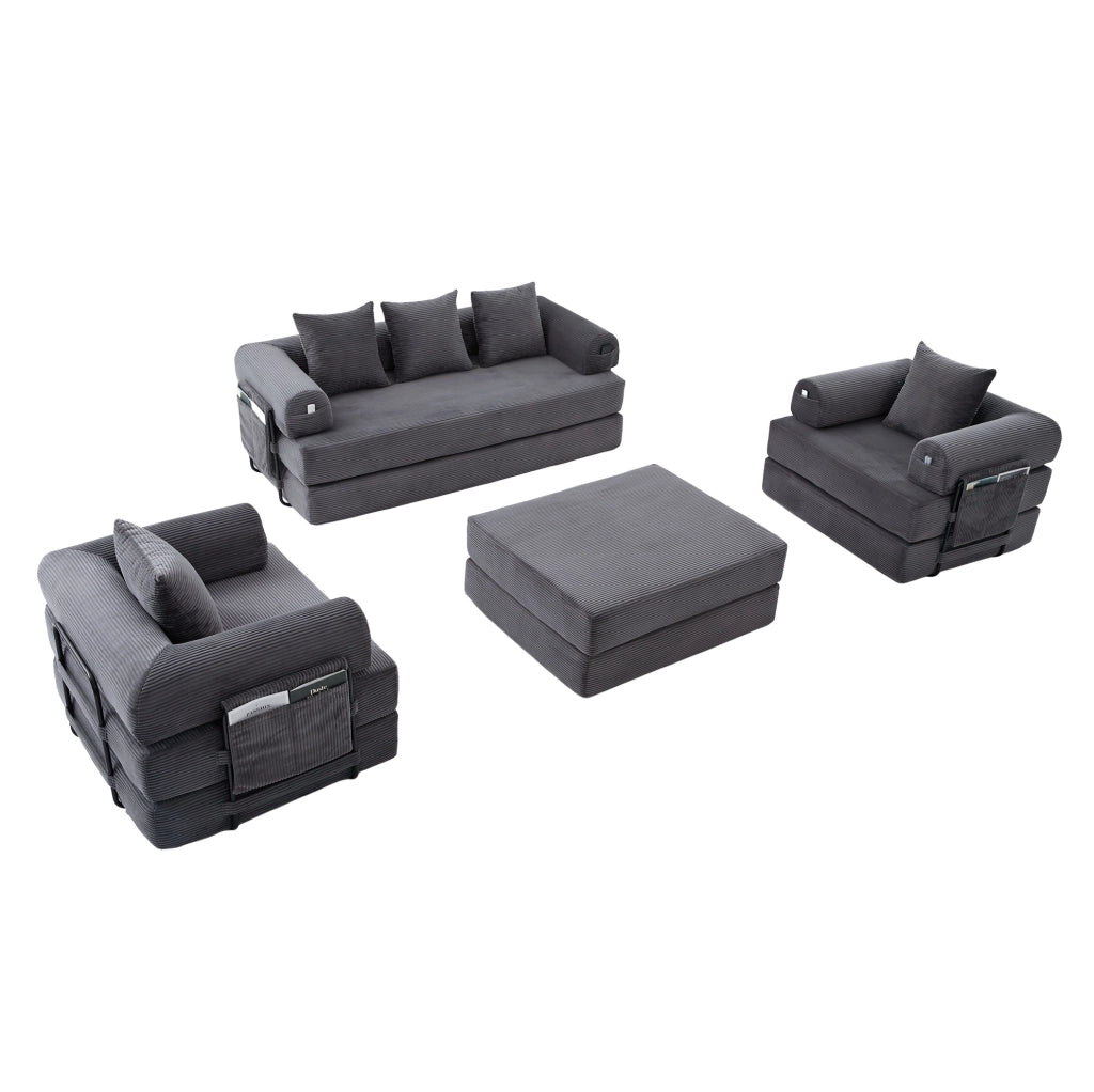 Divano modulare in velluto a coste grigio scuro con pouf