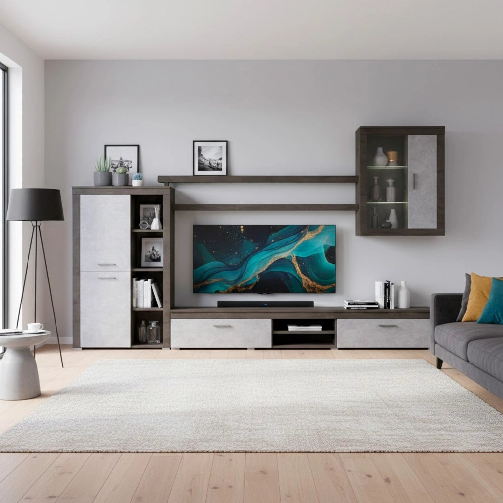 Parete Attrezzata Moderna Per Salotto Soggiorno Con Vetrinetta Ante Mensole Vani A Giorno Mobile TV Design Moderno Moduli Sospesi 293 X 193 X 50 Cm Ossido E Grigio Cemento