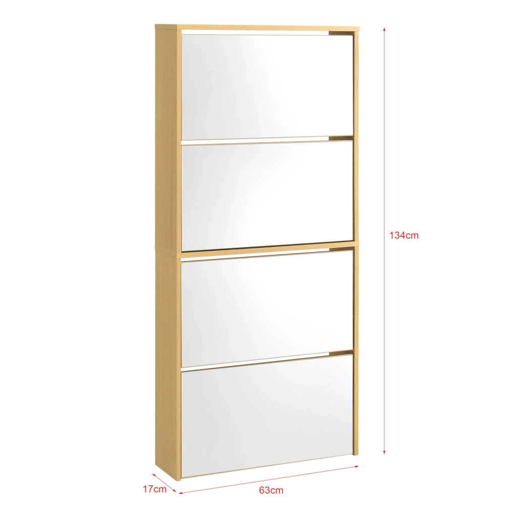 Scarpiera di design mobile contenitore con 4 scomparti capienza 12 paia di scarpe frontale a specchio pannello di particelle rivestito in melaminico 134 x 63 x 17 cm faggio 03_0005168