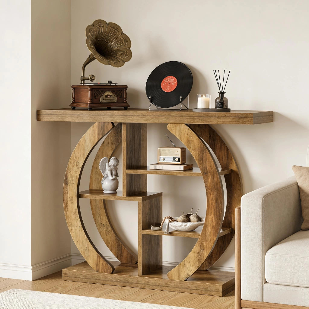 Consolle salvaspazio a 4 livelli con 4 ripiani in legno, stile rustico, per ingresso e soggiorno, marrone, 108 cm