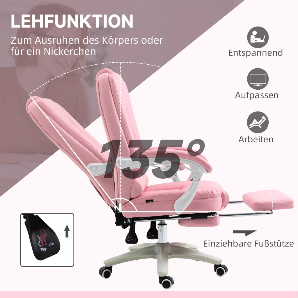 Sedia da ufficio girevole con schienale reclinabile, poggiapiedi e altezza regolabile in similpelle rosa per casa