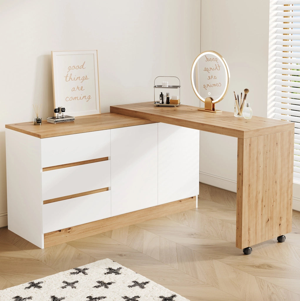 Scrivania pieghevole e girevole con 2 porte e 3 cassetti; 120x50x78 cm; bianco e rovere; in pannello truciolare