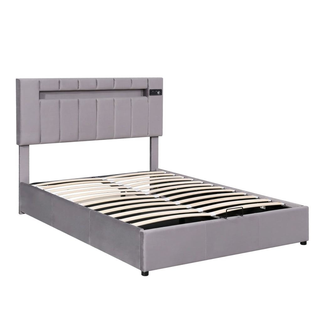 Letto imbottito grigio in velluto con LED; Bluetooth; USB e contenitore idraulico