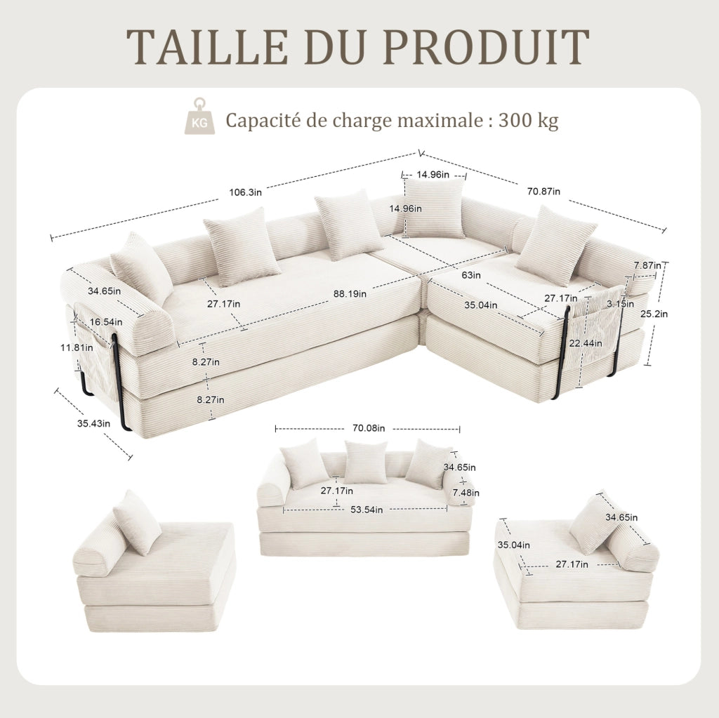 Divano modulare 270x180x64 cm con funzione letto e tasca laterale in corduroy beige