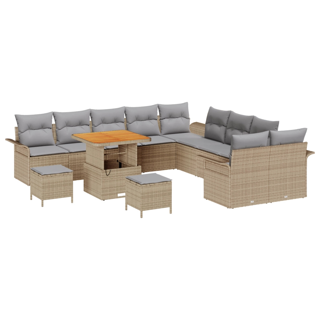 Set Divano da Giardino 13 Pezzi con Cuscini Beige Polyrattan Acacia