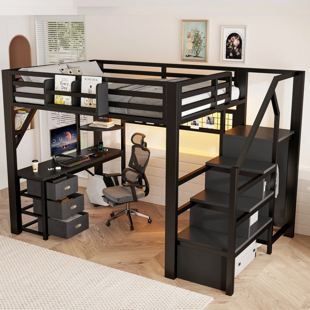 Letto a soppalco ULEVR 140x200 cm con scrivania, armadio, 3 cassetti e LED Bluetooth, nero