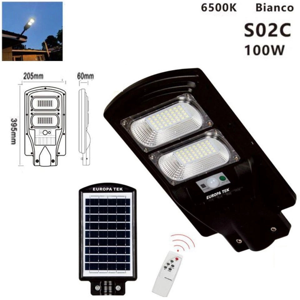 LAMPIONE SOLARE  STRADALE FARO LED ESTERNO SENSORE DI MOVIMENTO TELECOMANDO 100W