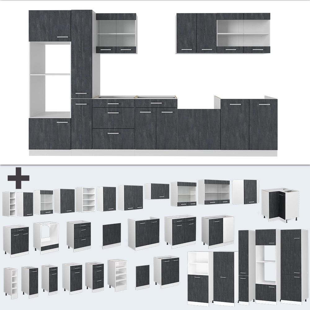 Vicco Cucina componibile Nero cemento/bianco 350 cm senza piano di lavoro