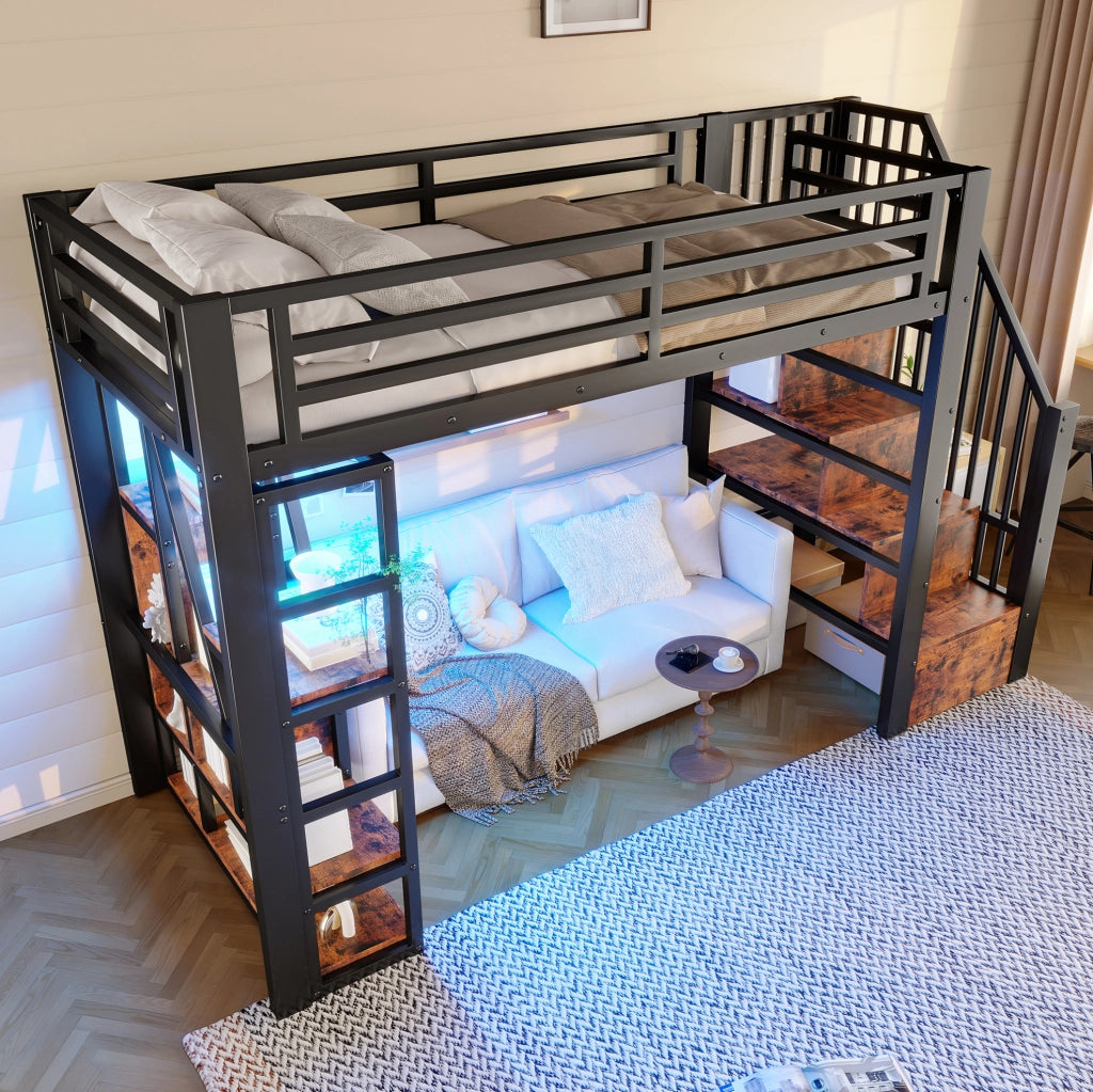 Letto a soppalco 90x200 cm con ripiani; scala contenitore e LED in metallo e MDF