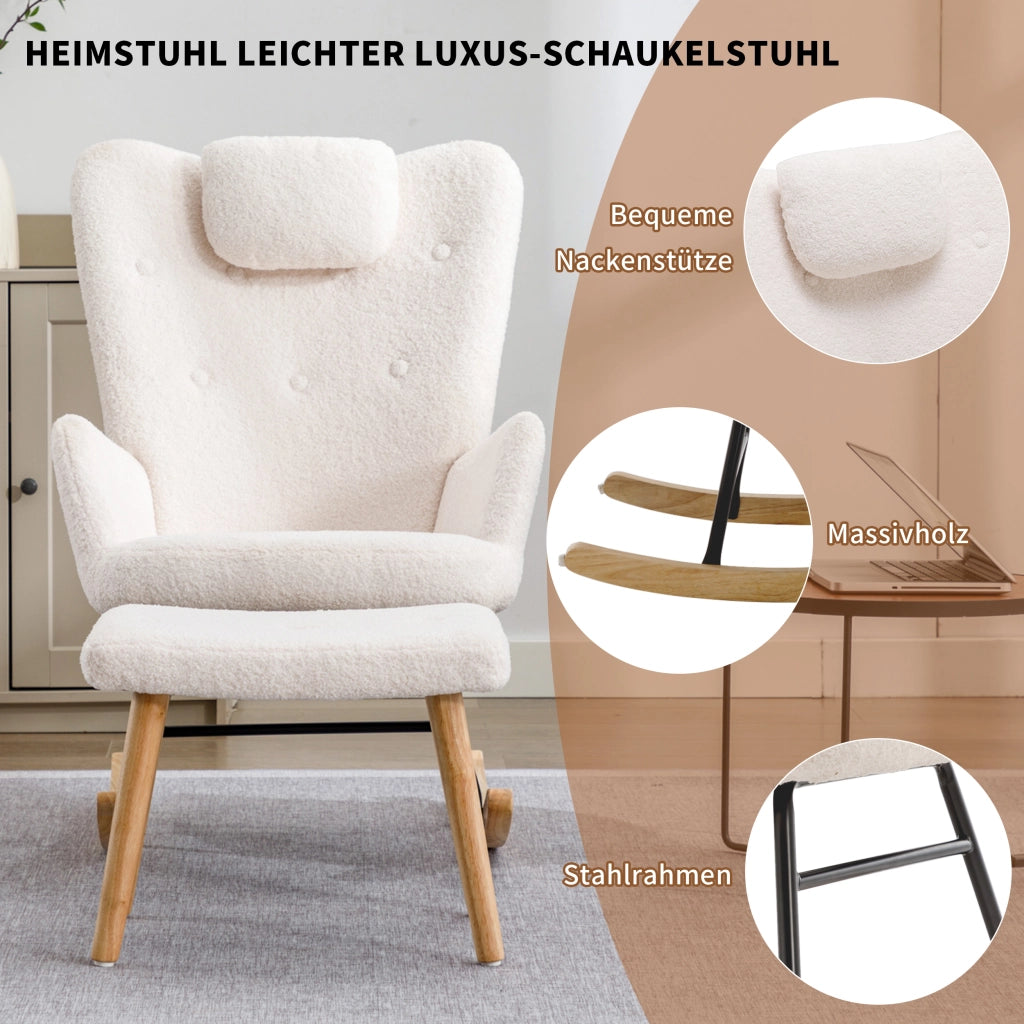Poltrona a dondolo con poggiatesta e poggiapiedi design elegante per relax quotidiano in tessuto bouclé bianco
