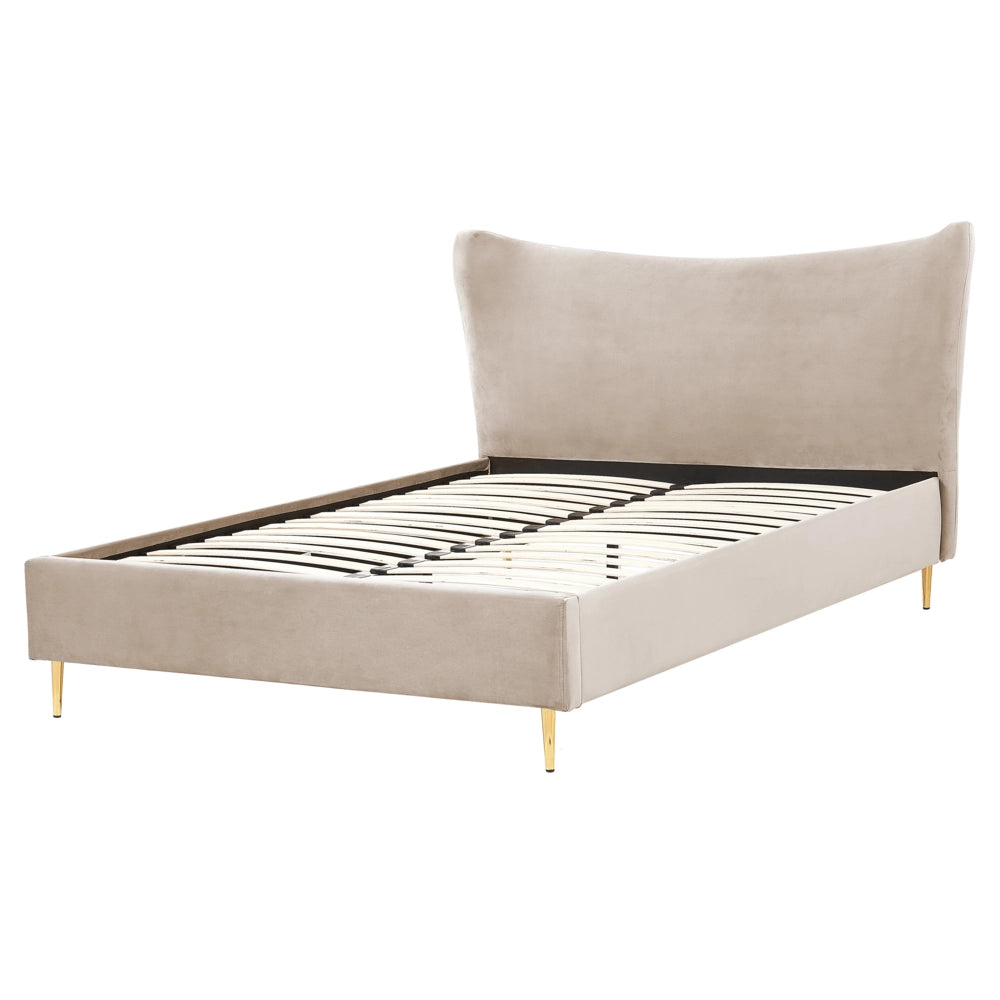 Letto con giroletto in velluto beige e grigio 160 x 200 cm testata imbottita gambe dorate stile glamour moderno