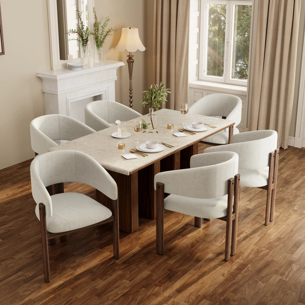 Set di 2 sedie da pranzo in metallo con braccioli, rivestimento in lino beige, effetto noce
