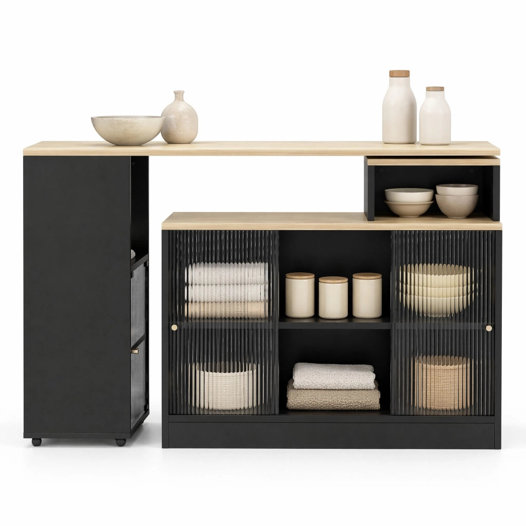 Tavolo bar allungabile nero con contenitore, mobile a 360° in MDF e vetro, salvaspazio