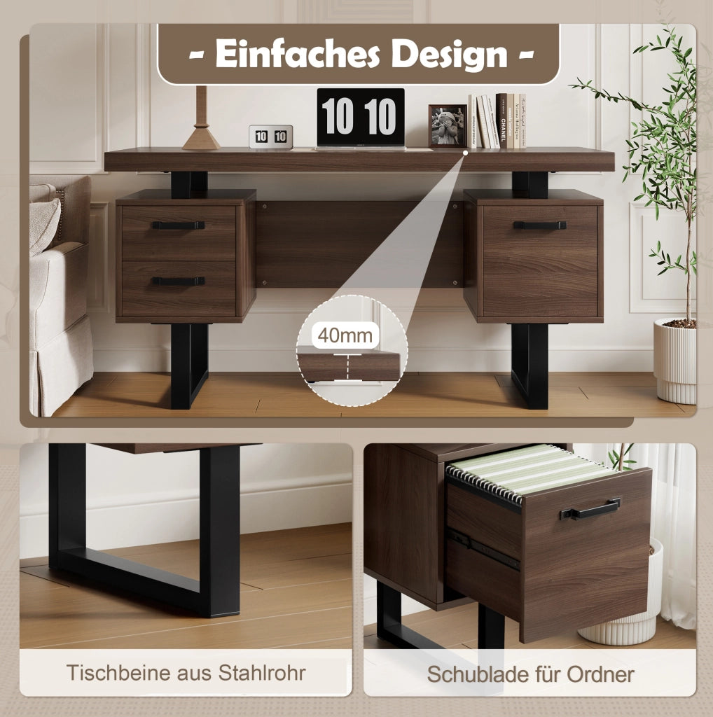 Scrivania da ufficio 135 x 54 cm in MDF e metallo con 2 cassetti, marrone e nero