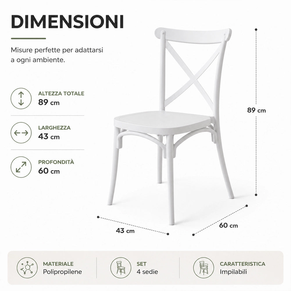 Set 4 Sedie da Pranzo Impilabili in Polipropilene Modello Chiavarina 43x60x89 cm