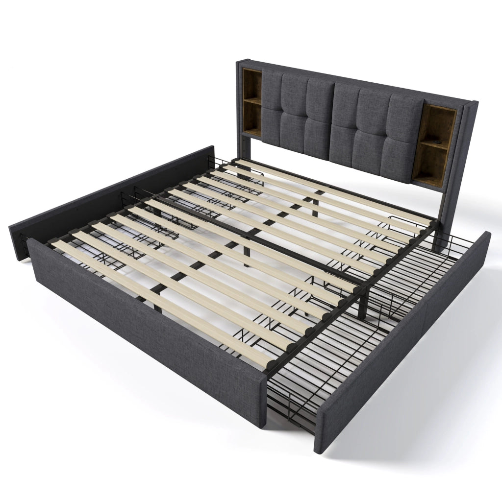 Letto matrimoniale 160x200 cm in lino grigio con ricarica wireless; USB e 4 cassetti