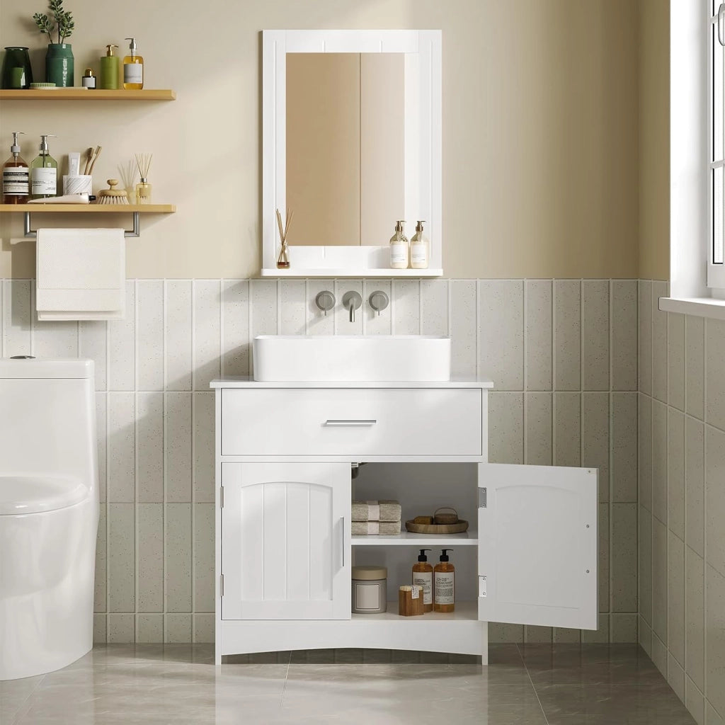 Mobiletto da bagno, mobiletto per vanità, mobiletto da bagno bianco con cassetti, ripiano regolabile, mobiletto per lavabo in piedi, MDF, 60x30x60 cm