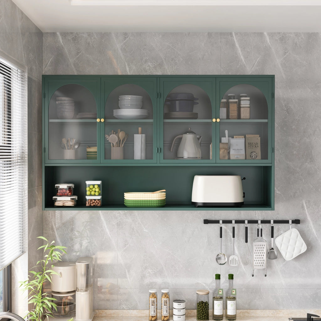 Mobile contenitore a 4 ante in ferro e vetro con ripiani; per cucina e soggiorno; 120×23×70 cm; verde scuro
