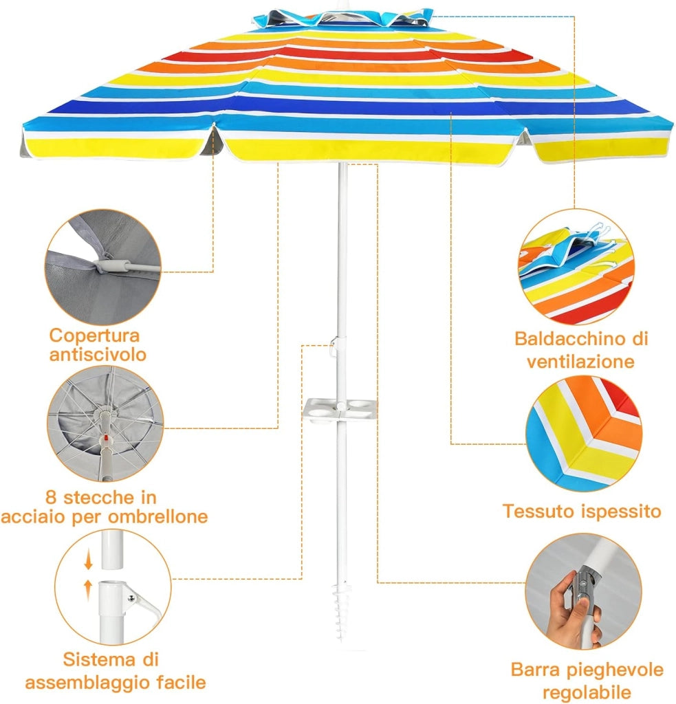 Ombrellone da Spiaggia 200 x 220 cm, Ombrellone da Mare con Inclinazione Regolabile, con Vassoio, 8 Stecche, Protezione UV, Impermeabile, Borsa di Trasporto (Colorato)