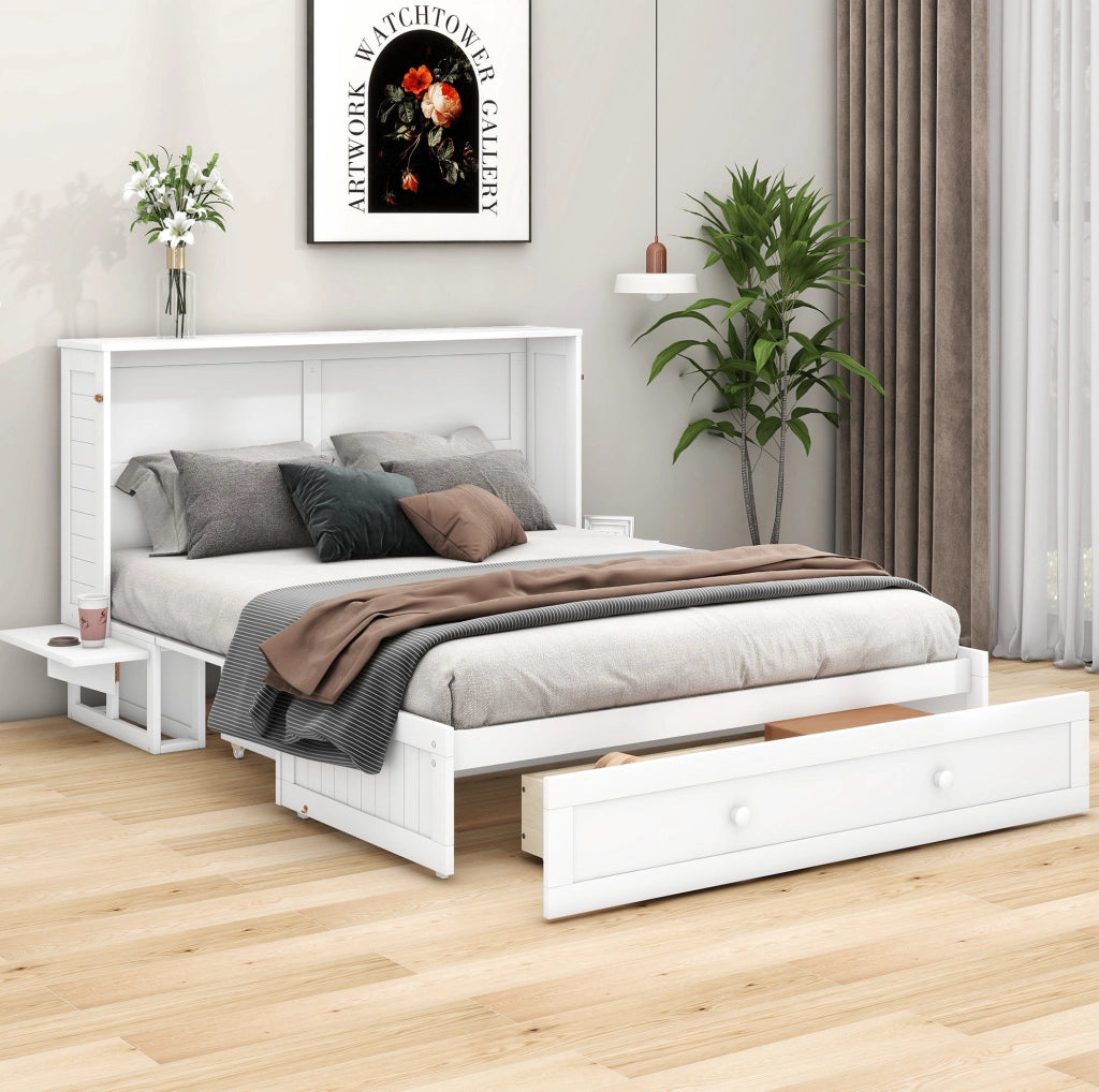 Letto a scomparsa 140x200 cm con cassetto e ripiani in pino e MDF bianco