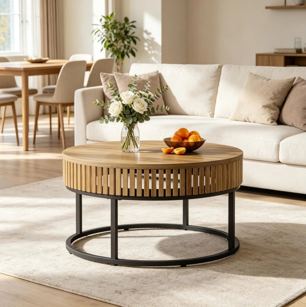 Tavolino da caffè rotondo Ø 80 cm in MDF e metallo nero/marrone HOMVRA