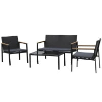 Set 4 Pezzi Salotto da Esterni con 2 Sedie, Divano e Tavolino Mobili da Giardino in Rattan e Acciaio Nero