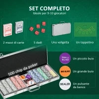 Set Poker per 9-10 Giocatori con 500 Fiches, 2 Mazzi di Carte e 5 Dadi, in Alluminio e Poliestere