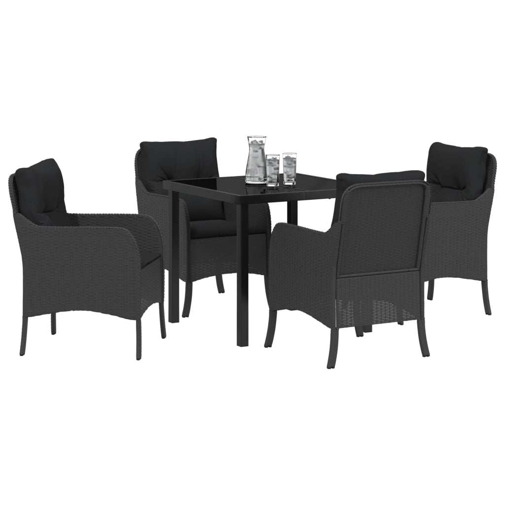 Set da pranzo da giardino a 5 pezzi con cuscini in rattan poliestere nero