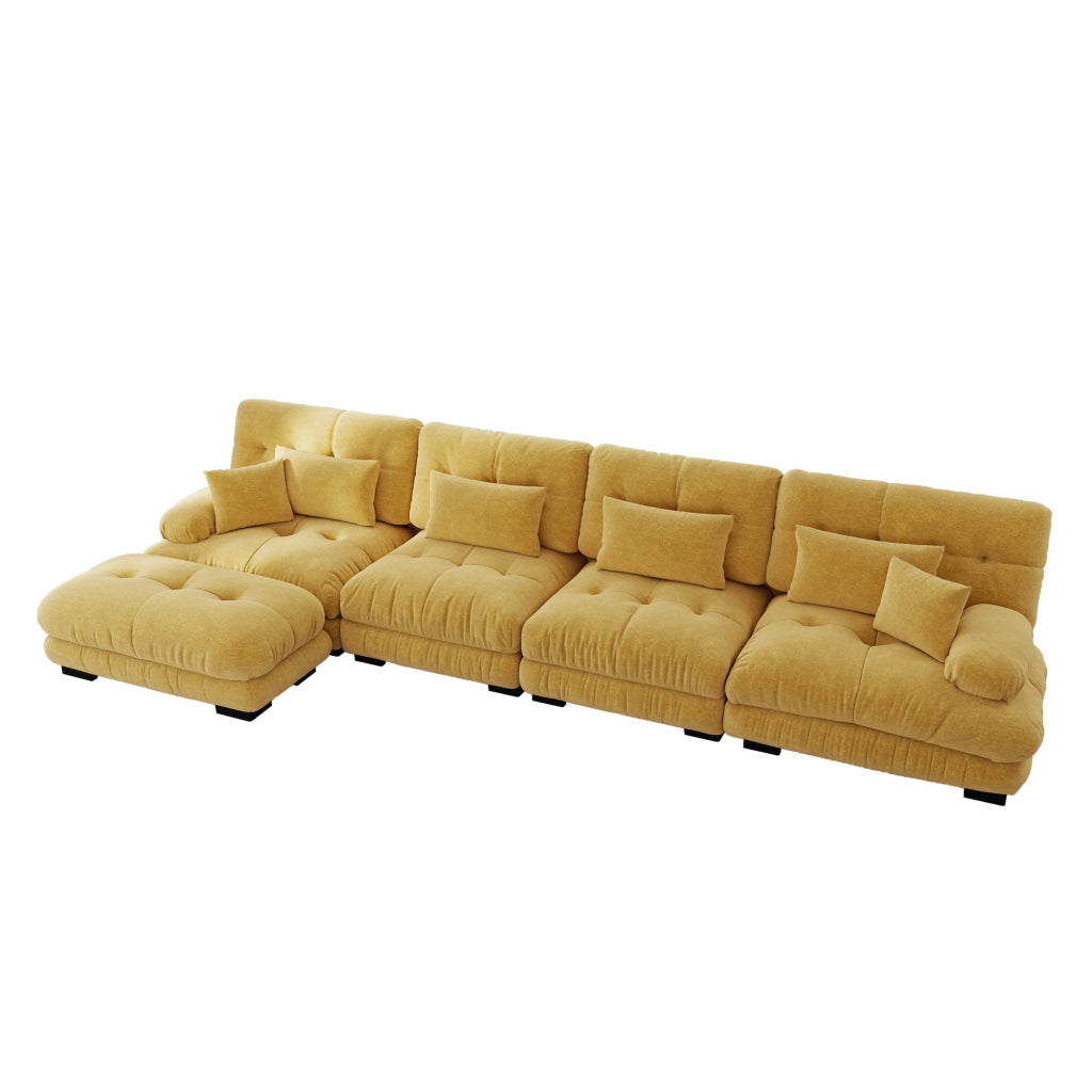 Divano angolare modulare con ottomano mobile; seduta profonda; cuscini; in chenille giallo