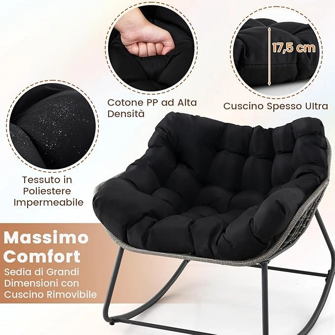 Sedia a Dondolo da Esterno, Poltrona in PE Vimini con Cuscino Rimovibile, Poltrona Relax in Rattan con Struttura in Metallo, per Soggiorno, Balcone, Giardino, Portata 150 kg (Nero)