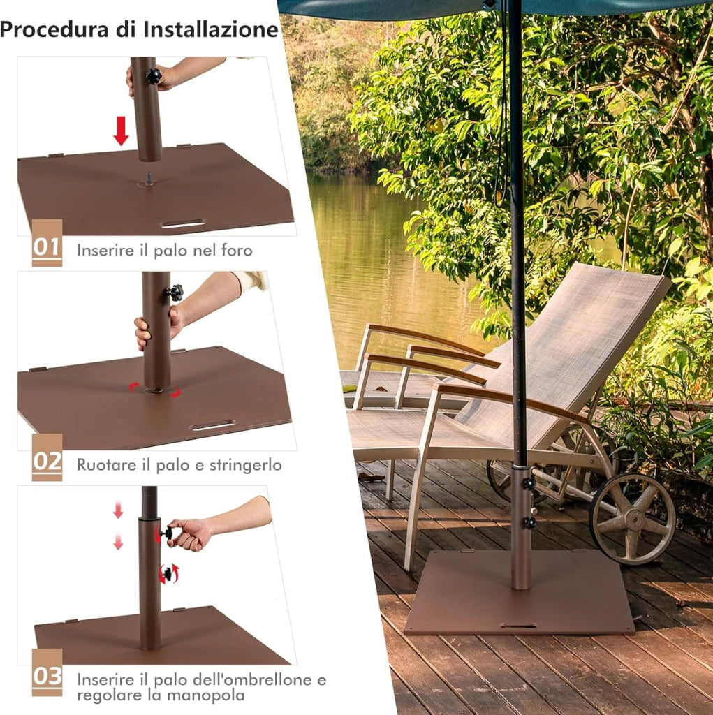 Base per Ombrellone 22,5 kg, Quadrato 60 cm, Adattatori 4/5 cm, 2 Ruote 2 Manopole Impugnatura Esterna, per Terrazza Piscina Spiaggia (Marrone)
