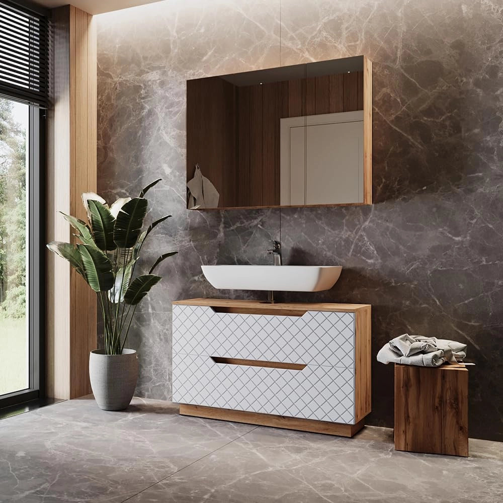 Set di mobili da bagno Lotta, Rovere/bianco con struttura in piastrelle, 2 parti