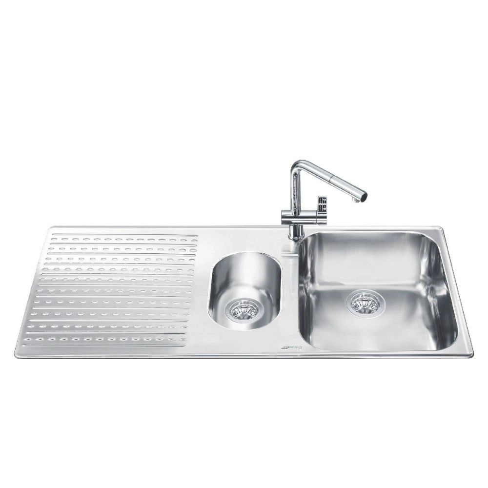 Lavello incasso 2 vasche e gocciolatoio sinistro 100x50 Smeg LTS102S2 inox spazzolato