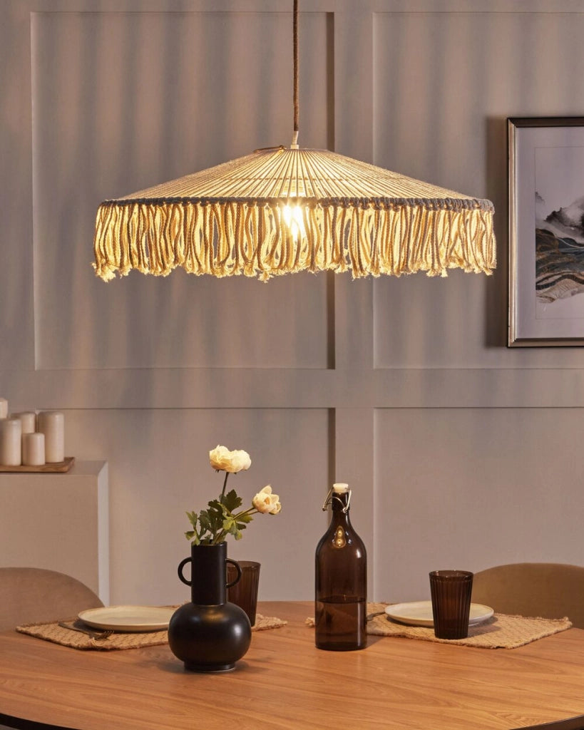 Lampada a sospensione a nappe Corda di carta bianca intrecciata a mano con frange in stile boemo Luce