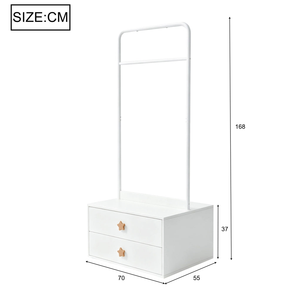 Scaffale con asta appendiabiti e due cassetti, struttura stabile per camera dei bambini, in MDF bianco 70 × 55 × 168 cm
