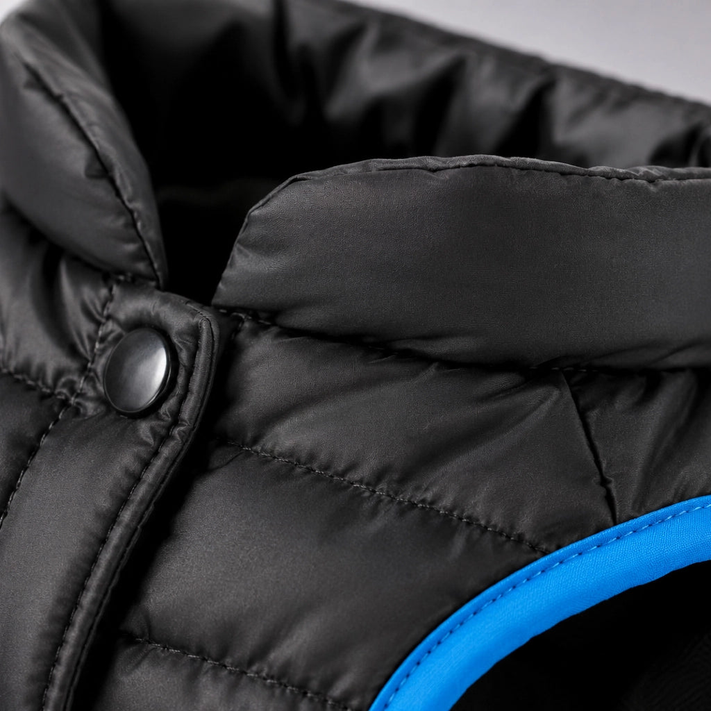 Cappottino Imbottito per Cani con Collo Alto Antivento, Giubbotto Invernale Trapuntato con Chiusura a Bottoni, Giacca Calda e Leggera per Cani di Piccola, Media e Grande Taglia, Nero con Profili Blu  Nero - S