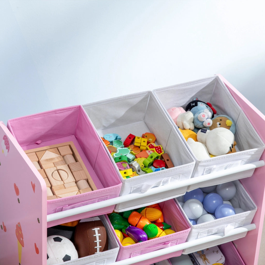 Scaffale Portagiochi per Bambini 63x30x60 cm con 9 Cestini in Tessuto in MDF Rosa e Bianco