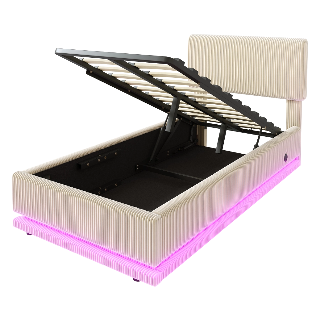 Letto imbottito 90x200 cm con LED; USB-C; testiera regolabile in corduroy beige
