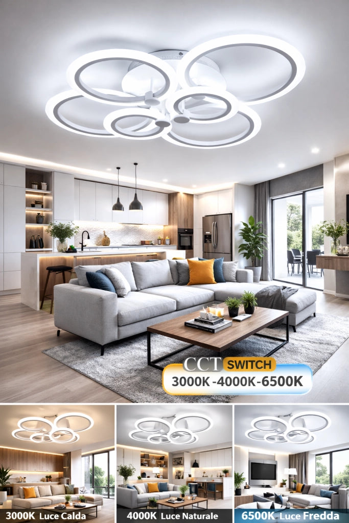 Plafoniera LED Soffitto 6 Anelli 51W 2550LM CCT Switch 3000K 4000K 6500K Fascio 300° Acrilico Bianco IP20